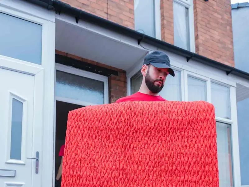 Bradway Premier Removals crew member carrying red wrapped furniture away from a terraced house